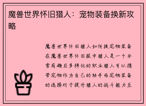 魔兽世界怀旧猎人：宠物装备换新攻略